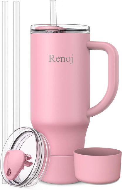 Renoj Insulated Mug 100% Leak Proof Insulated Water Bottle for Iced Coffee & Hot Drinks - Fits Car Cup Holder, Ideal Gift, 2 Straws & Silicone Boot - SnapShift Pink 32 oz