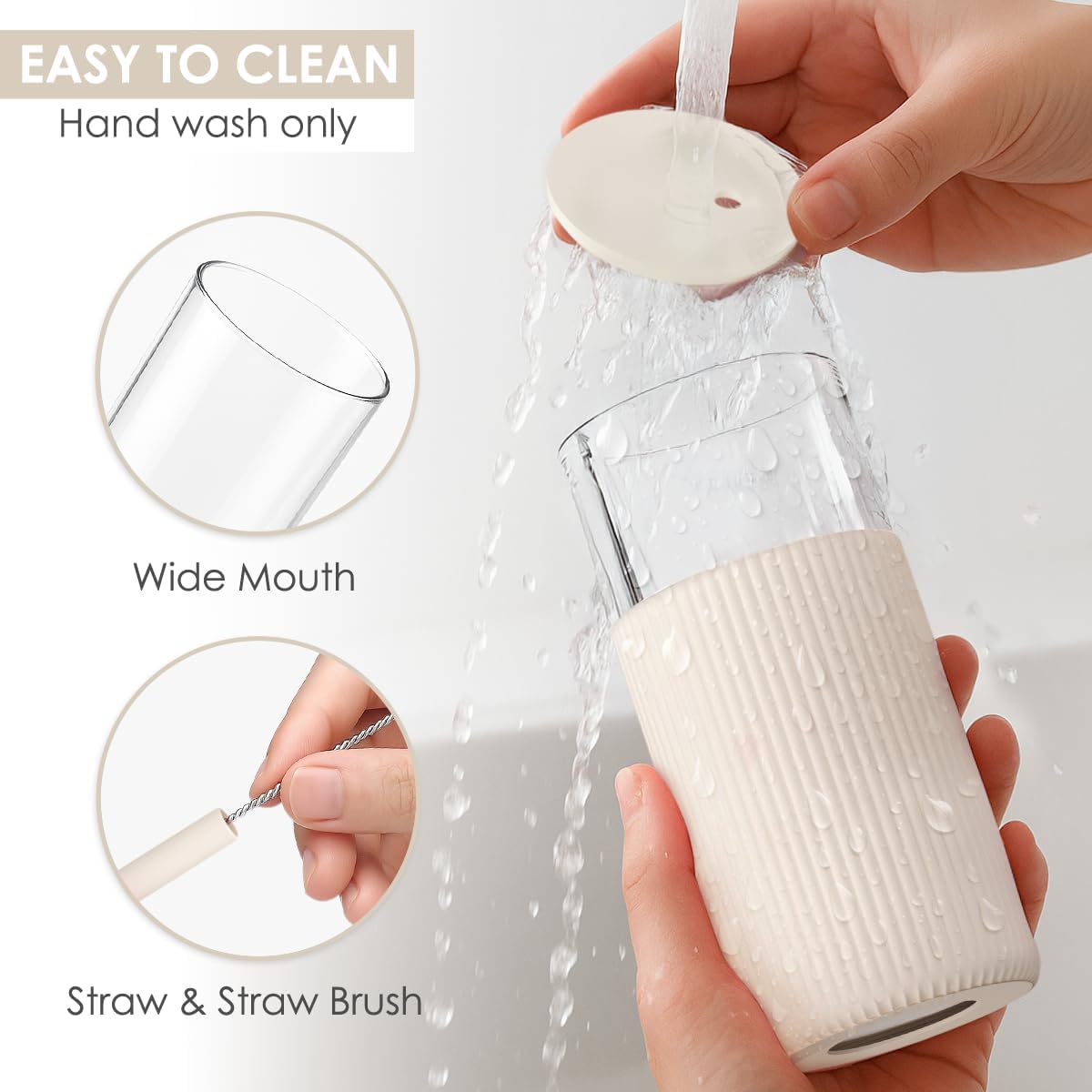 SANDJEST Glass Tumbler with Straw and Lid, Glass Water Bottle with Silicone Sleeve 20oz, Smoothie, Iced Coffee Cup, Gifts for Women Teen Girls Birthday Christmas (Cream)