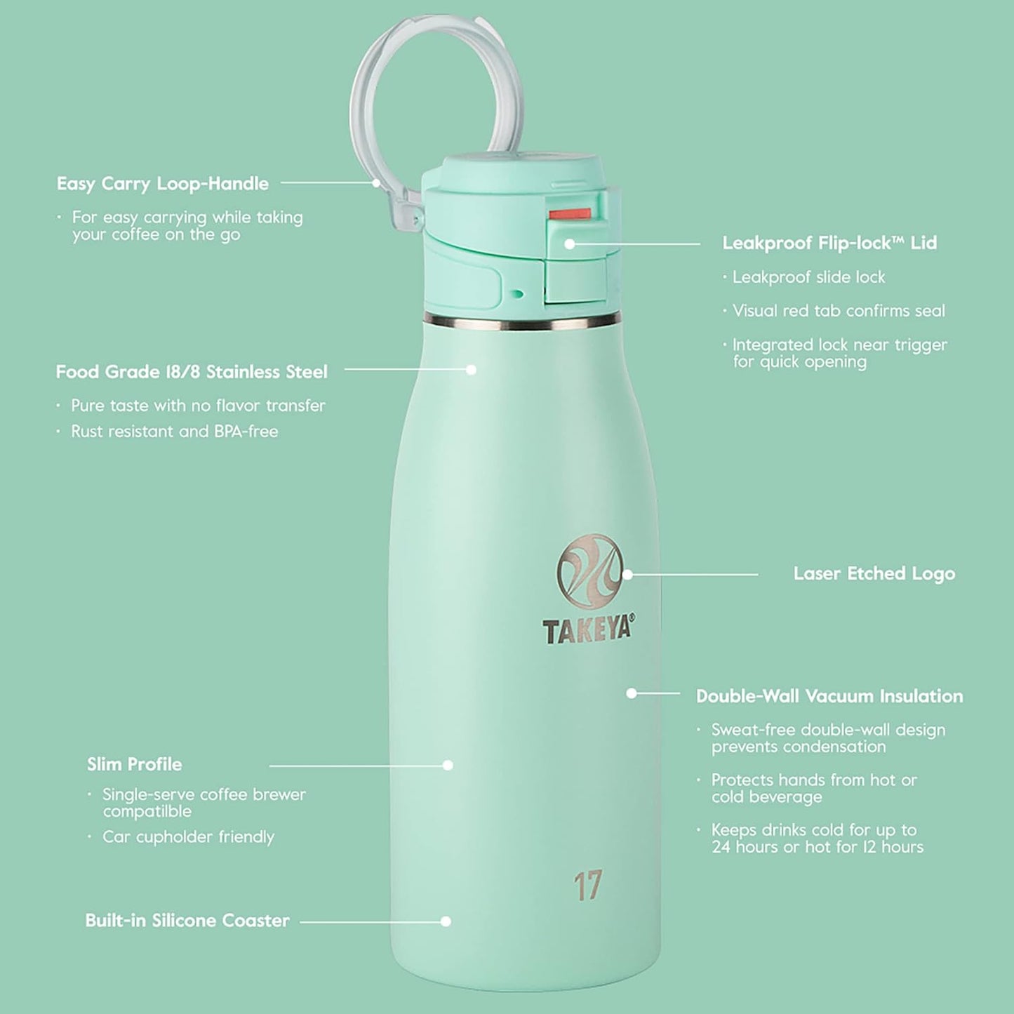 Takeya 17 oz Traveler Stainless Steel Insulated Travel Coffee Mug with Locking Leak Proof Lid, Premium Quality, BPA Free, Arctic