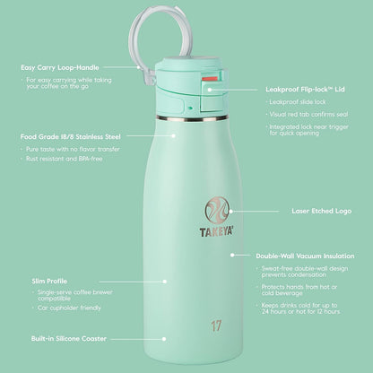Takeya 17 oz Traveler Stainless Steel Insulated Travel Coffee Mug with Locking Leak Proof Lid, Premium Quality, BPA Free, Arctic
