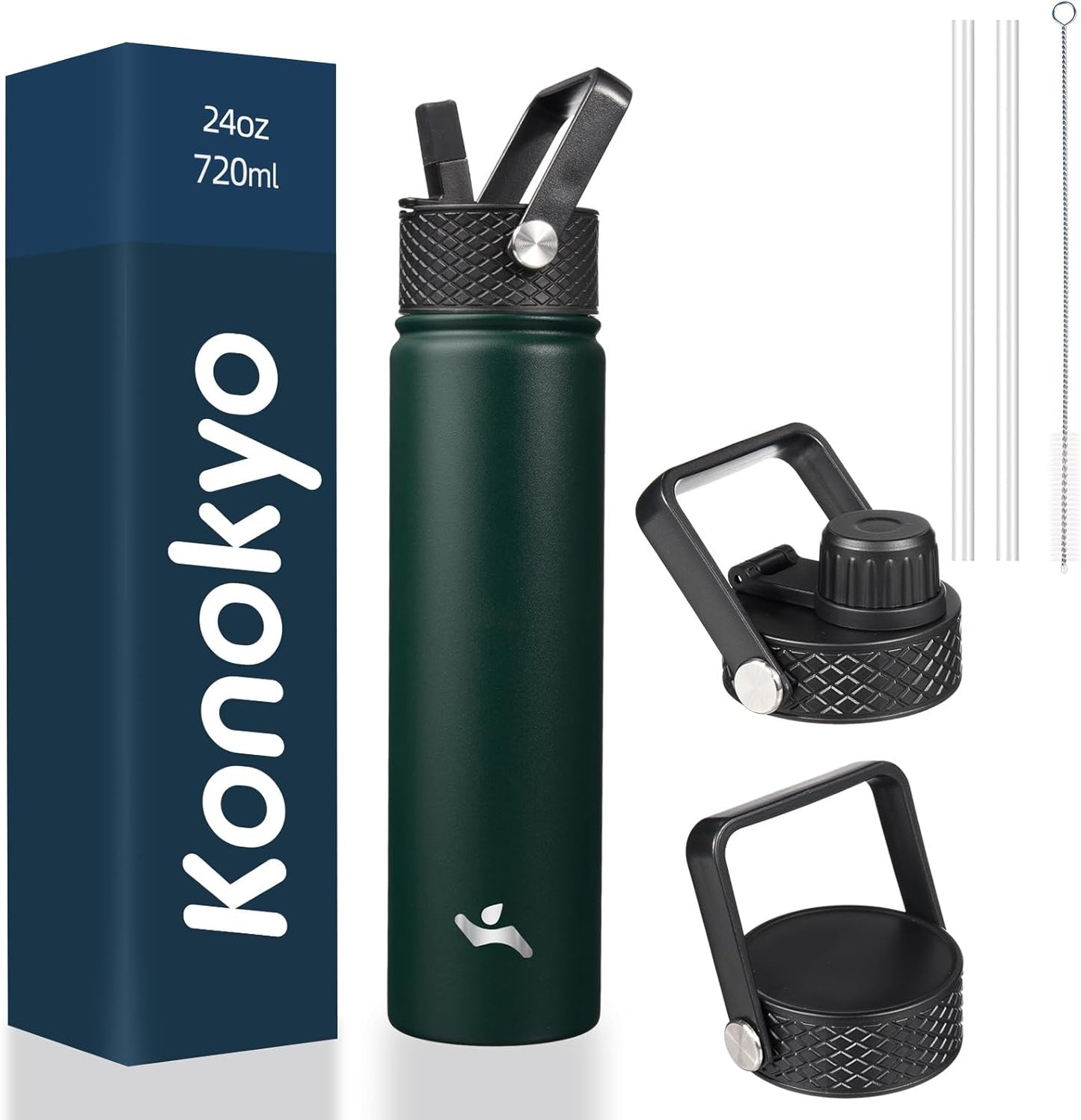 Konokyo 22oz Stainless Steel Bottles with 3 Lids Sport Insulated Water Bottle,Mint