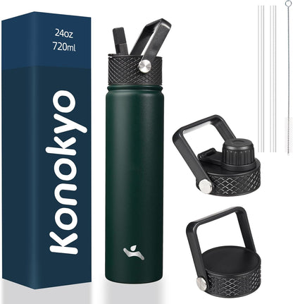 Konokyo 22oz Stainless Steel Bottles with 3 Lids Sport Insulated Water Bottle,Mint