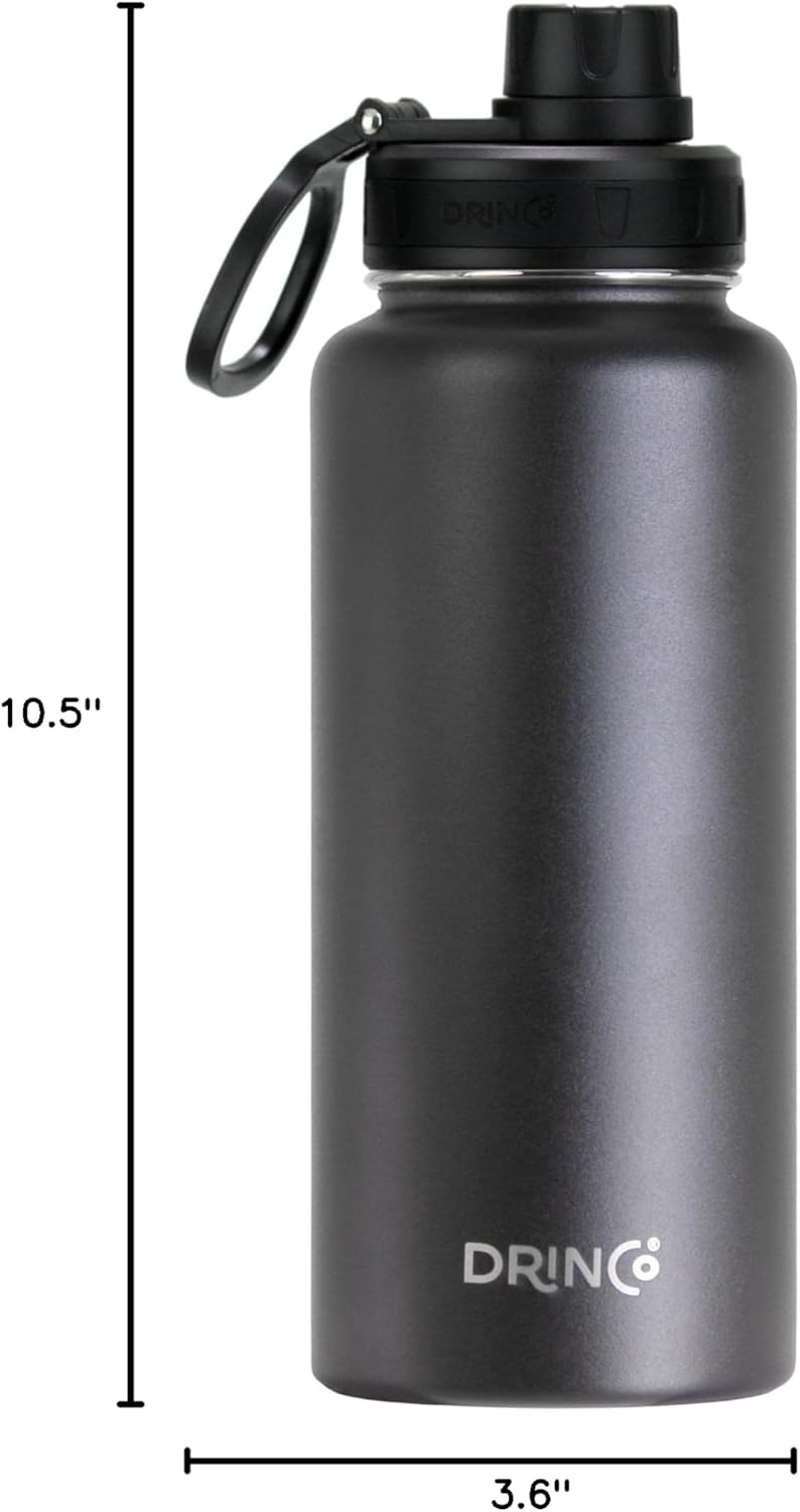 Drinco Stainless Steel Water Bottle Spout Lid Vacuum Insulated Double Wall Water Bottle Wide Mouth (40oz 32oz 22oz 18oz 14oz) Leak Proof Keep Cold Sport Camping Hiking (22 oz, 22oz Black)