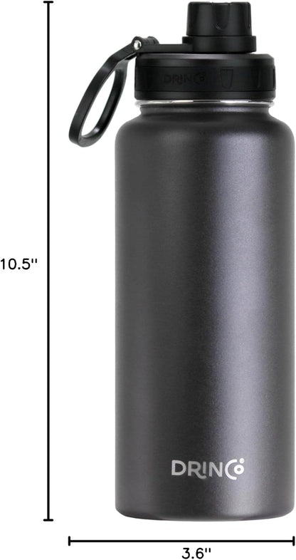 Drinco Stainless Steel Water Bottle Spout Lid Vacuum Insulated Double Wall Water Bottle Wide Mouth (40oz 32oz 22oz 18oz 14oz) Leak Proof Keep Cold Sport Camping Hiking (22 oz, 22oz Black)