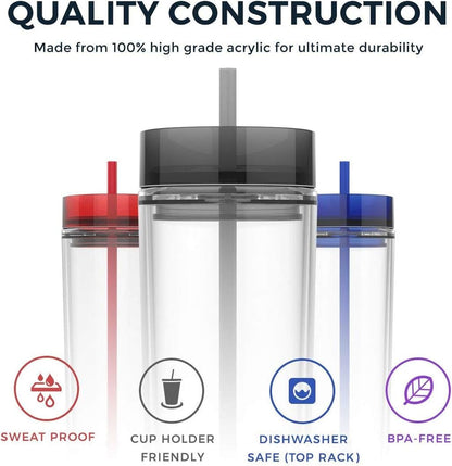 Maars Skinny Clear Tumbler with Lid and Straw | 16oz Premium Acrylic, Insulated Double Wall Plastic Reusable Water Cups, BPA-Free To Go Cups for Iced Coffee, Juice & Ice Tea
