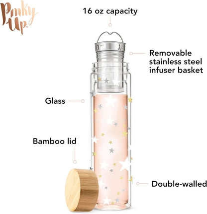 Pinky Up Blair Travel Tea Infuser Mug, Double Walled Insulated Travel Tumbler with Loose Leaf Tea Strainer, Travel Coffee Mug, Keeps Drinks Hot or Cold, 16 oz, White Leaf