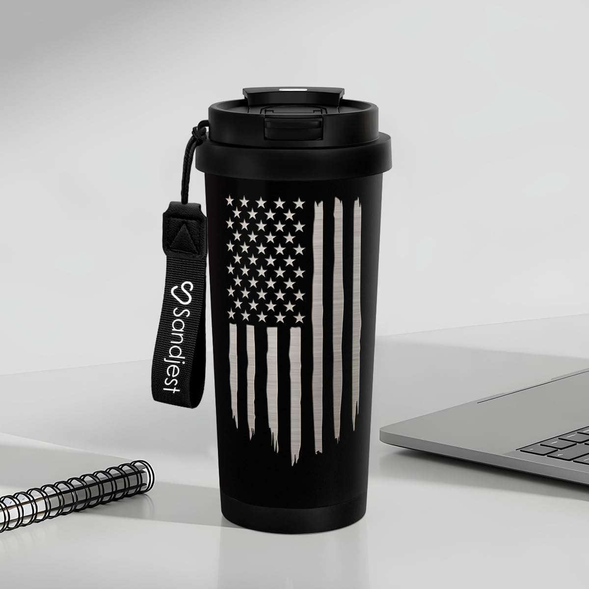 SANDJEST American Flag Tumbler - Stainless Steel 2-in-1 Lid Coffee Tumbler 18 oz, Patriotic Insulated Travel Mug Gift for Men Husband Dad, Birthday Christmas