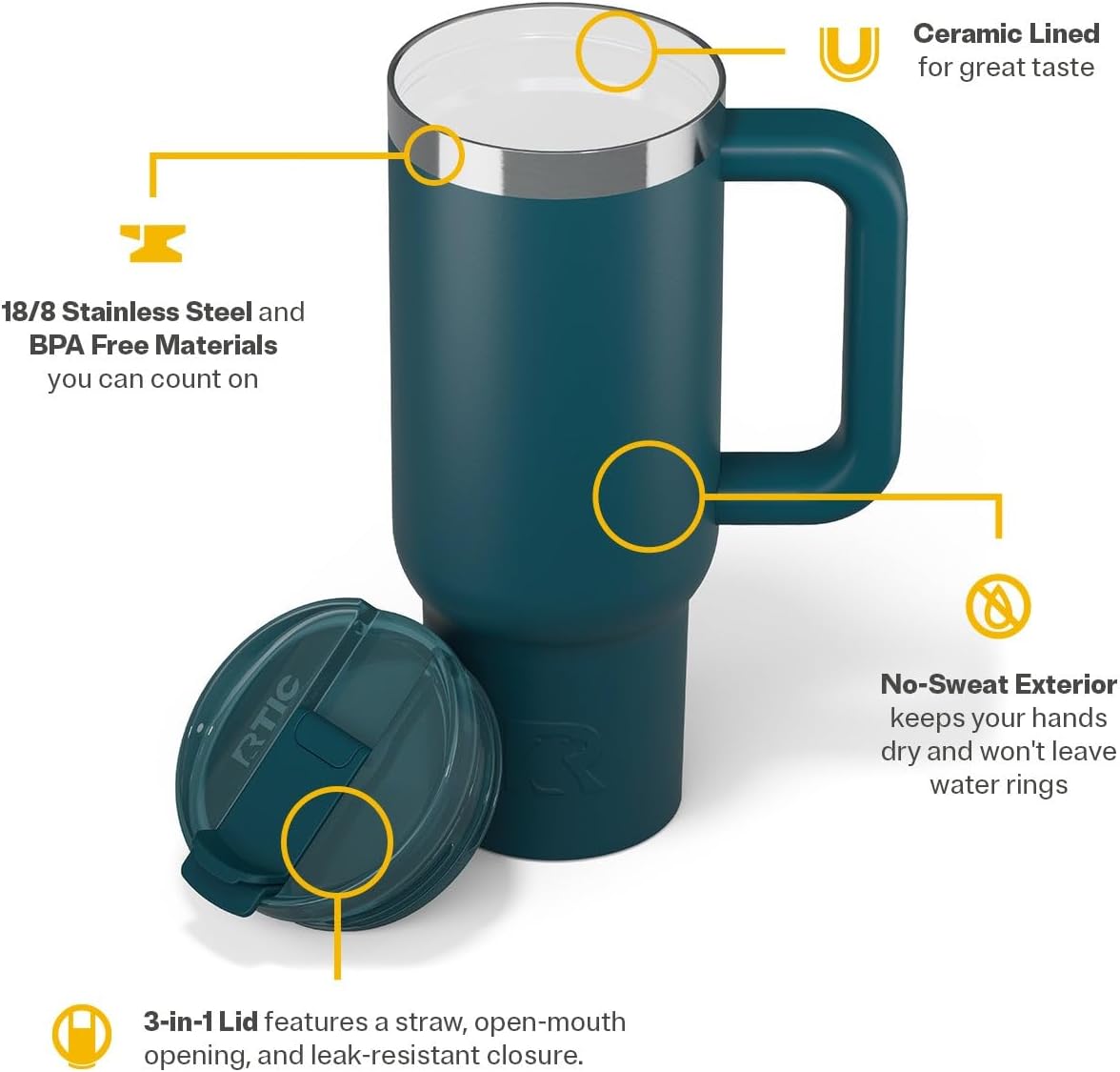 RTIC 30 oz Road Trip Tumbler Double-Walled Ceramic Lined InsulatedStainless Steel Portable Travel Coffee Mug Cup with Lid, Handle and Straw, Periwinkle Bouquet