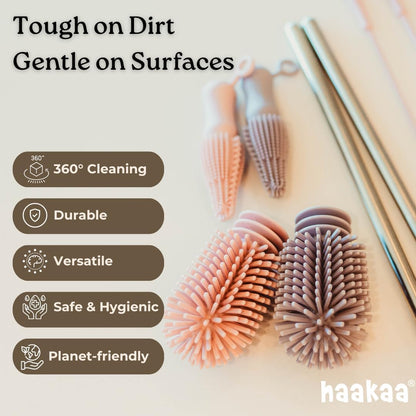 Haakaa Silicone Cleaning Brush Kit – Household Cleaning Brushes for Bottles and Crevices – Food-Grade Silicone: Dishwasher Safe (Brush-Blush)