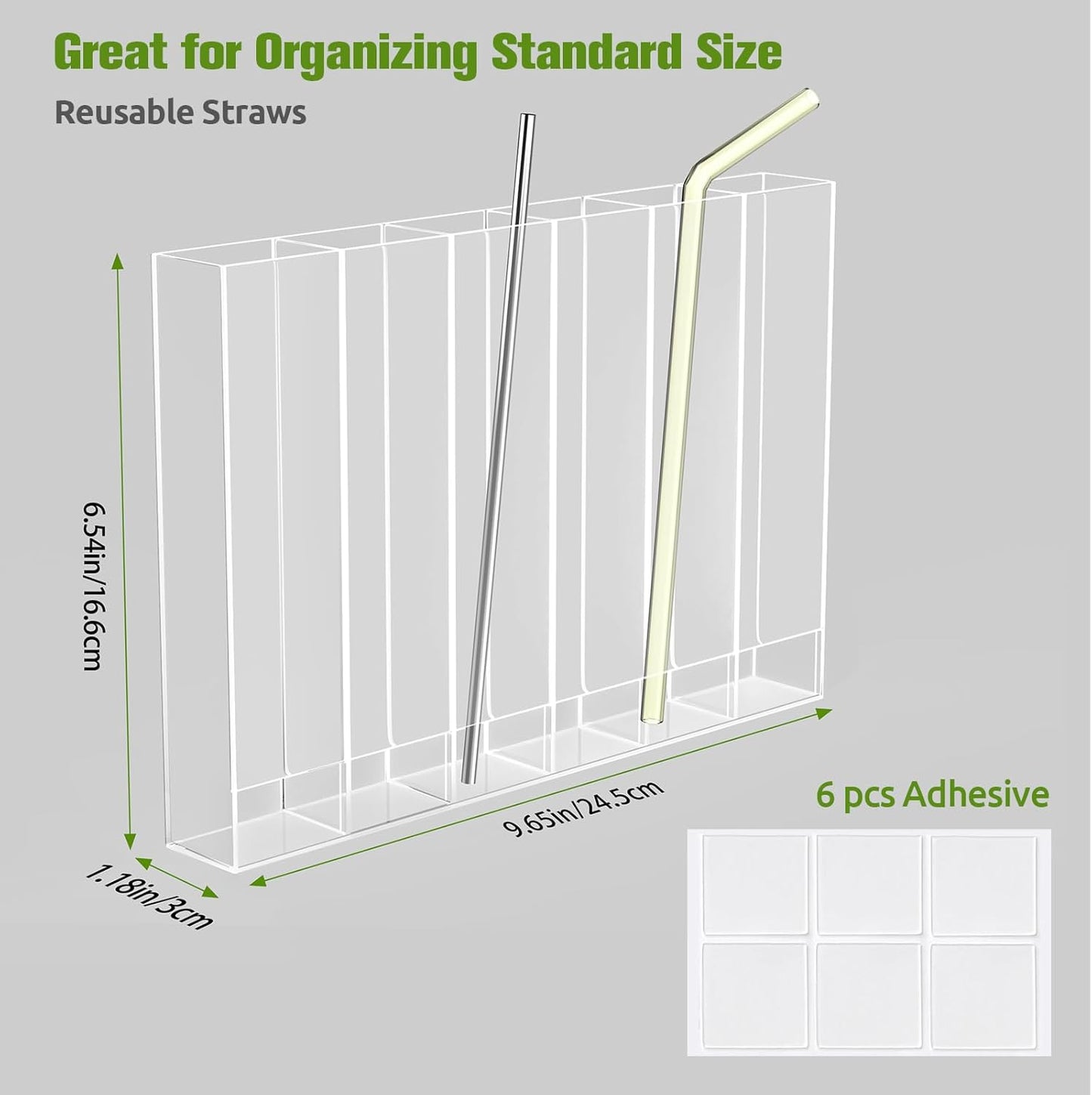 9.6” Large Acrylic Straw Holder for Cabinet Door - 6 compartments, easy to clean, Reusable Tumbler Straw Organizer Storage, Small Kitchen Accessories Container, Ultra Sticky Cupboard Door Mounted