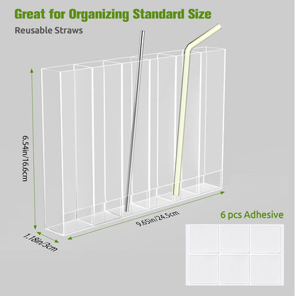 9.6” Large Acrylic Straw Holder for Cabinet Door - 6 compartments, easy to clean, Reusable Tumbler Straw Organizer Storage, Small Kitchen Accessories Container, Ultra Sticky Cupboard Door Mounted