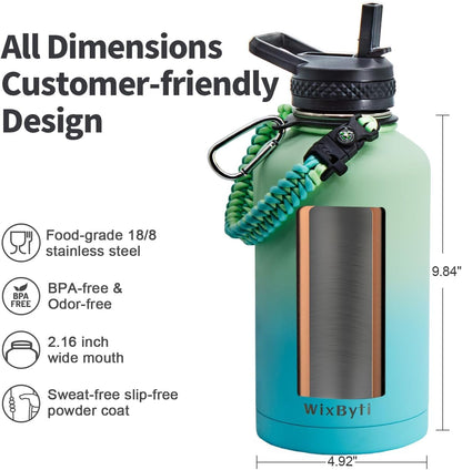 WixByti 40 oz Insulated Water Bottle with Straw (Cold for 36 Hrs), Stainless Steel Triple Wall Vacuum Sports Water Jug, Leakproof Hydro Cup Flask with Paracord Handle & Straw Spout Lids & DIY Stickers