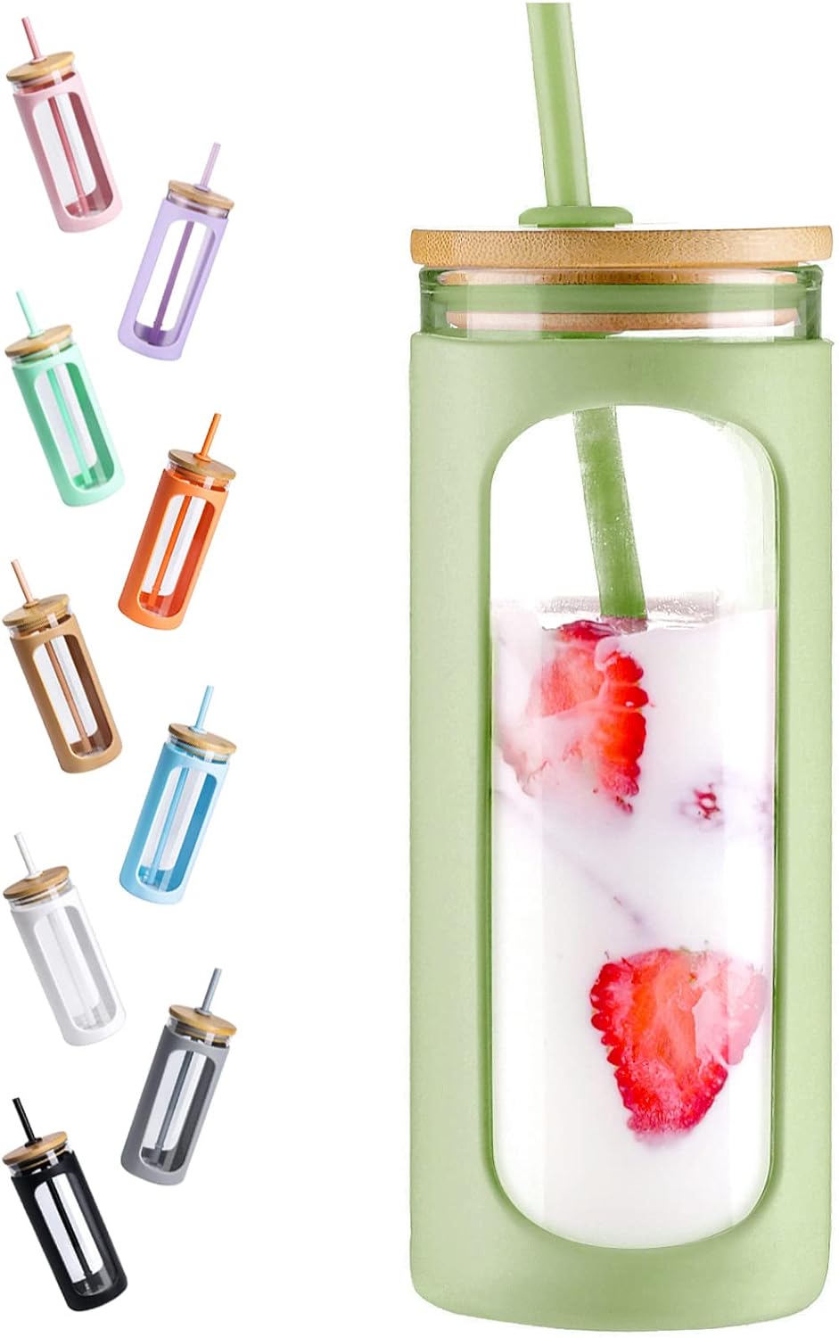 Kodrine 20oz Glass Water Tumbler with Straw and Lid, Bamboo Lids Water Bottle, Iced Coffee Cup Reusable, Wide Mouth Smoothie Cups with Protective Silicone Sleeve BPA FREE-Black - Colors B