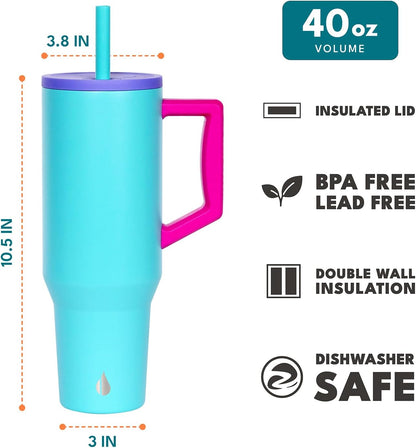 Elemental 32 oz 100% Leak Proof Tumbler with Handle & Straw - Stainless Steel Double Wall Insulated Tumbler for Hot and Cold Beverages - Travel Coffee Mug with Sip & Straw Lid - White - Colors B