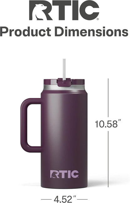 RTIC 64oz Road Trip Tumbler with Handle, Lid and Straw, Ceramic Lined, Insulated, Stainless Steel, Double Wall Vacuum-Insulation, Travel Cup, Cool Grey