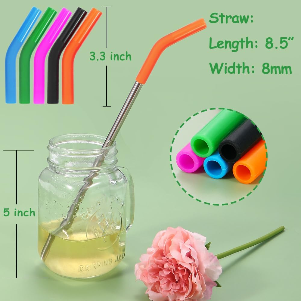 Lazycorner 16 Pcs Metal Straw Reusable 8.5" 10.5" 6mm Stainless Steel Straws for Tumblers 20oz-32oz, Rainbow Drinking Straws with Silicone Tips, 4 Straw Cleaner Brush, 1 Travel Case