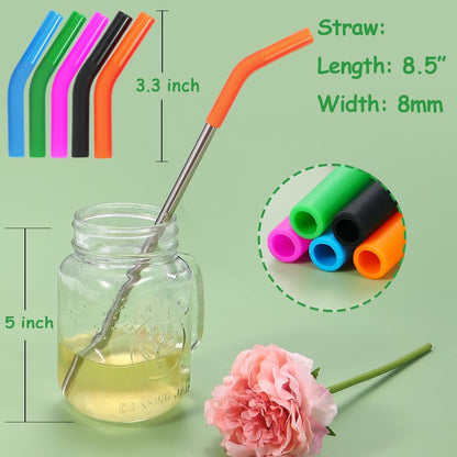 Lazycorner 16 Pcs Metal Straw Reusable 8.5" 10.5" 6mm Stainless Steel Straws for Tumblers 20oz-32oz, Rainbow Drinking Straws with Silicone Tips, 4 Straw Cleaner Brush, 1 Travel Case