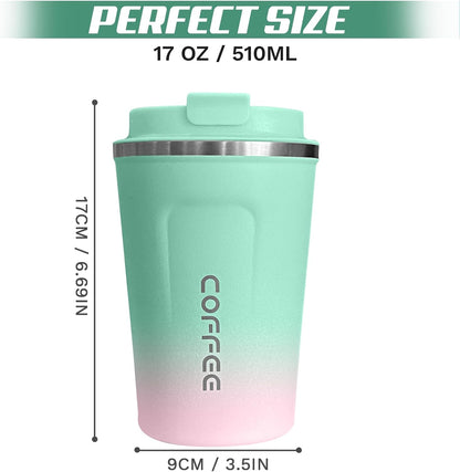 SPLMIFA Travel Coffee Mug Leak-Proof, Reusable Coffee Cups with Lids, Stainless Steel Vacuum Insulated Coffee Tumblers, Thermal Insulation Cup for Men and Women Hot & Cold Drinks(2nd-Green Pink, 12OZ)
