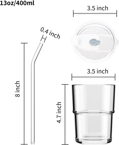 BLUEPOLAR 13oz/400ml Glass Water Tumbler with Straw and Lid Sealed Carry On Thick Wall Iced Coffee Cup Glass Cup for Water, Iced Tea Fruit Juice Etc (White-2Pack)