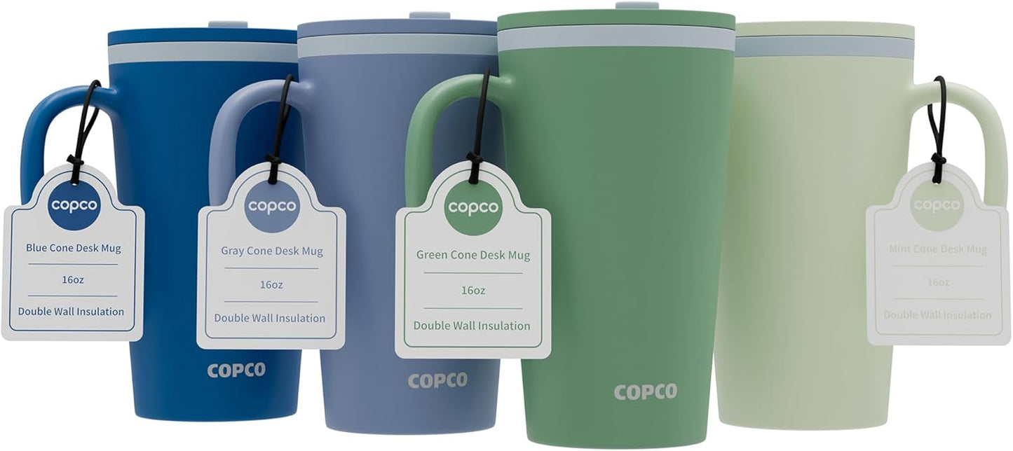 Copco Cone Desk Mug, 16 oz (Set of 4) - Double Wall Insulated Mugs with Handle, Reusable Plastic Tumblers with Twist-Off Spill Resistant Lid, BPA-Free, Microwave & Dishwasher Safe (Assorted Colors)