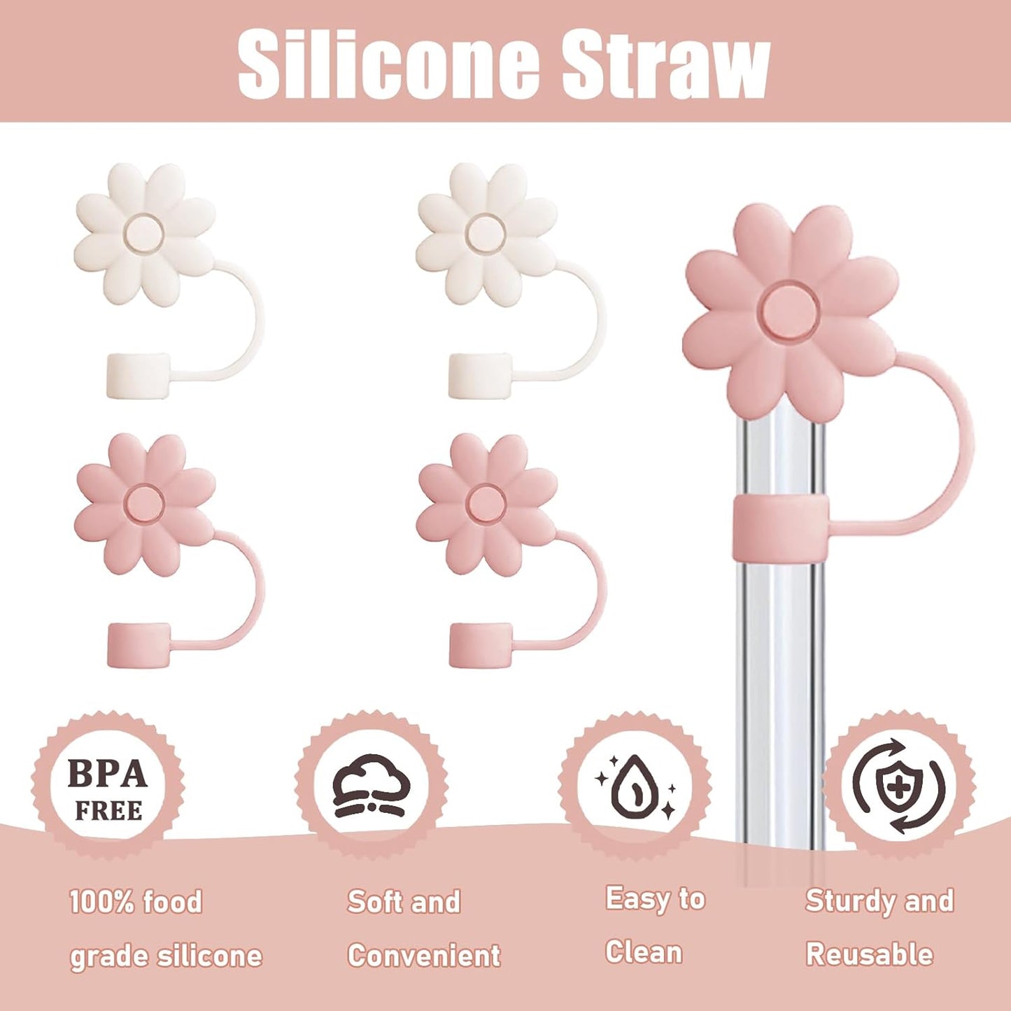 Flower Straw Covers Toppers for Stanley Cups 30&40 Oz Tumbler with Handle Accessories 4PCS Silicone Straw Caps Reusable Straws Tips Protectors for Stanley Cup 10mm 0.4in Straws,Off White