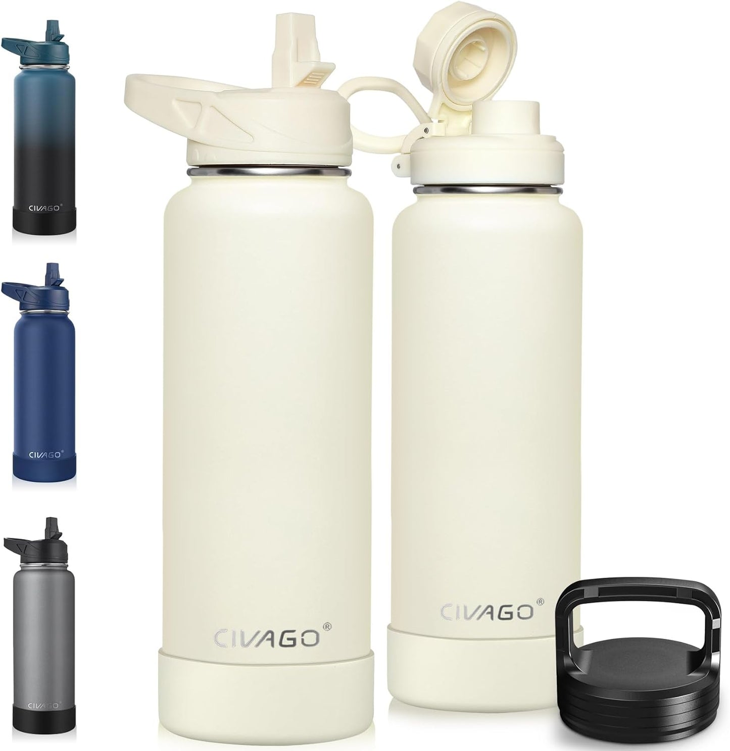 CIVAGO 32 oz Insulated Water Bottle With Straw, Stainless Steel Sports Water Cup Flask with 3 Lids (Straw, Spout and Handle Lid), Wide Mouth Travel Thermal Mug, Black