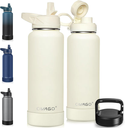 CIVAGO 32 oz Insulated Water Bottle With Straw, Stainless Steel Sports Water Cup Flask with 3 Lids (Straw, Spout and Handle Lid), Wide Mouth Travel Thermal Mug, Black