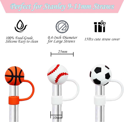 15Pcs Straw Toppers for Stanley Cup, Silicone 10mm Straw Cover Cap for Stanley 30 40oz Tumblers, Reusable Lid Accessories