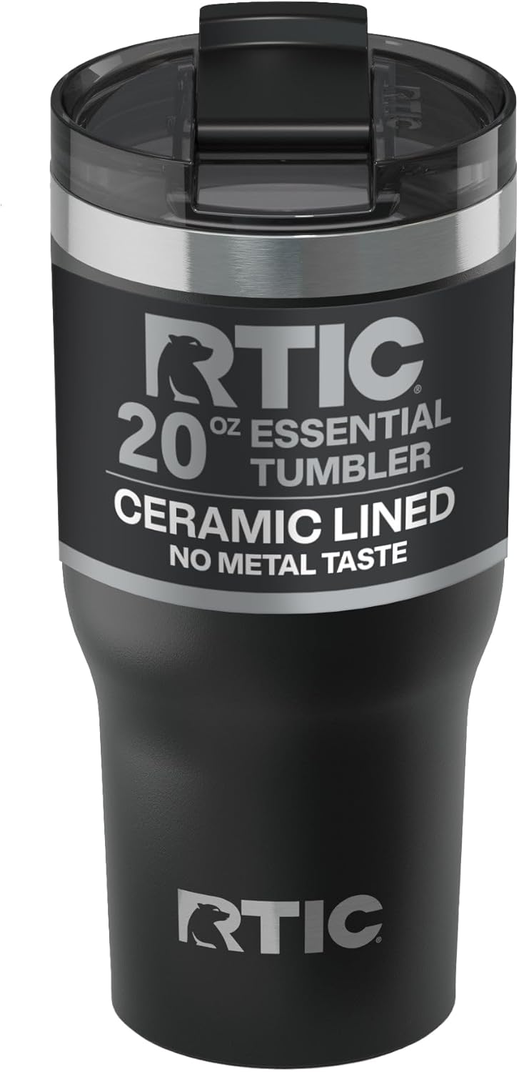 RTIC 20oz Essential Tumbler with Lid, Ceramic Lined, Insulated, Stainless Steel, Metal, Double Wall Vacuum-Insulation, Travel Cup for Iced Coffee, Tea, Hot and Cold Drink, Graphite