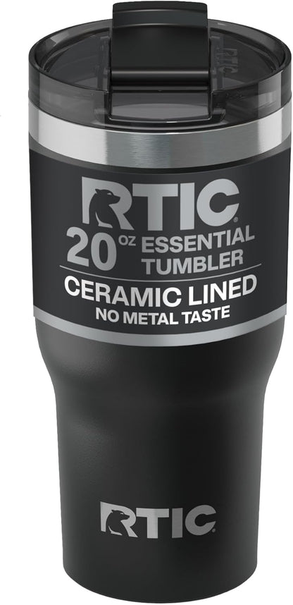 RTIC 20oz Essential Tumbler with Lid, Ceramic Lined, Insulated, Stainless Steel, Metal, Double Wall Vacuum-Insulation, Travel Cup for Iced Coffee, Tea, Hot and Cold Drink, Graphite