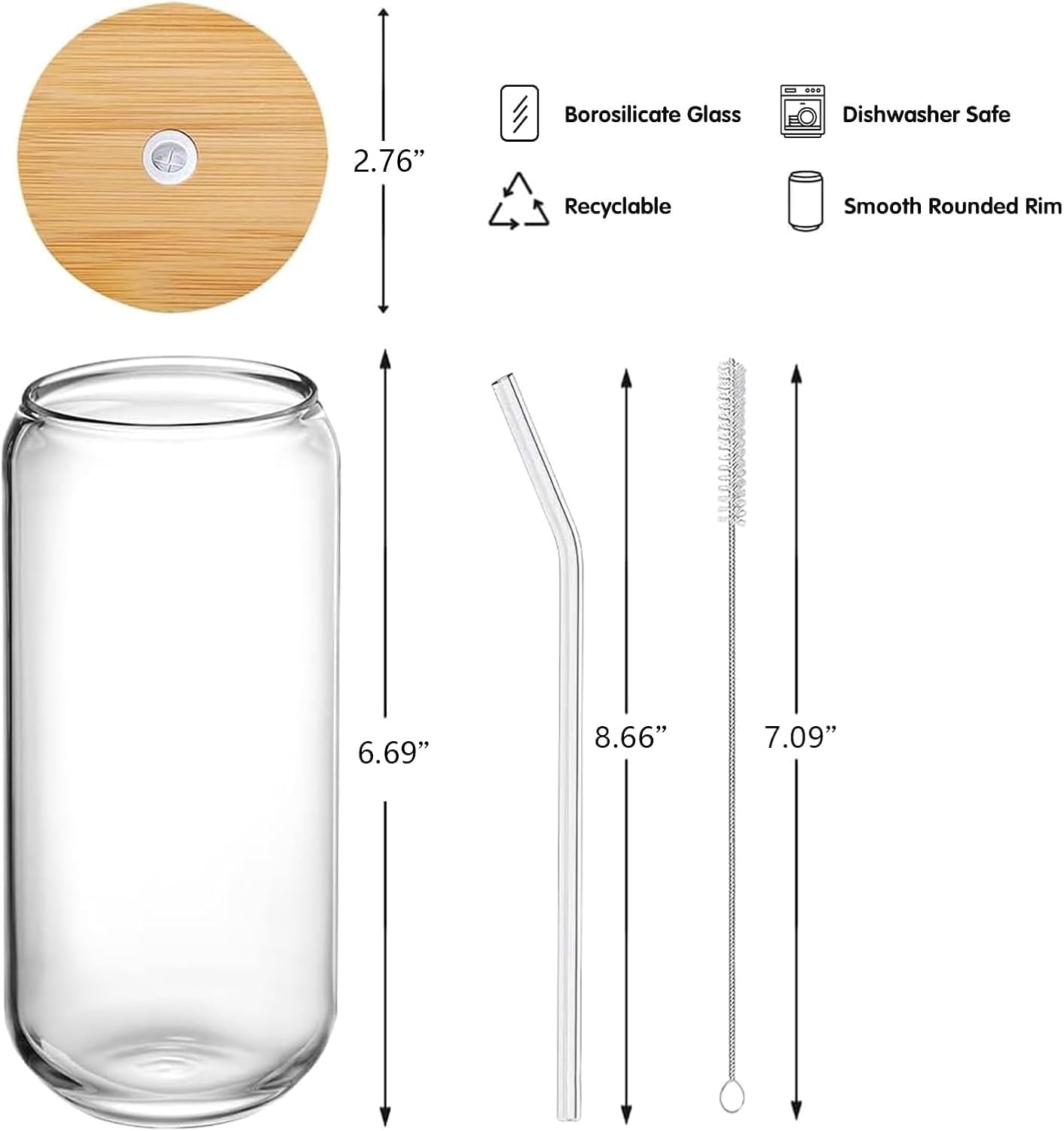 Glass Cups with Lids and Straws Set of 2 - Iced Coffee Cups with Lids for Cold Brew and Beer, 20 oz Can Shaped Glass with Bamboo Lids and Straws - Aesthetic Coffee Bar Gift for Coffee Lovers