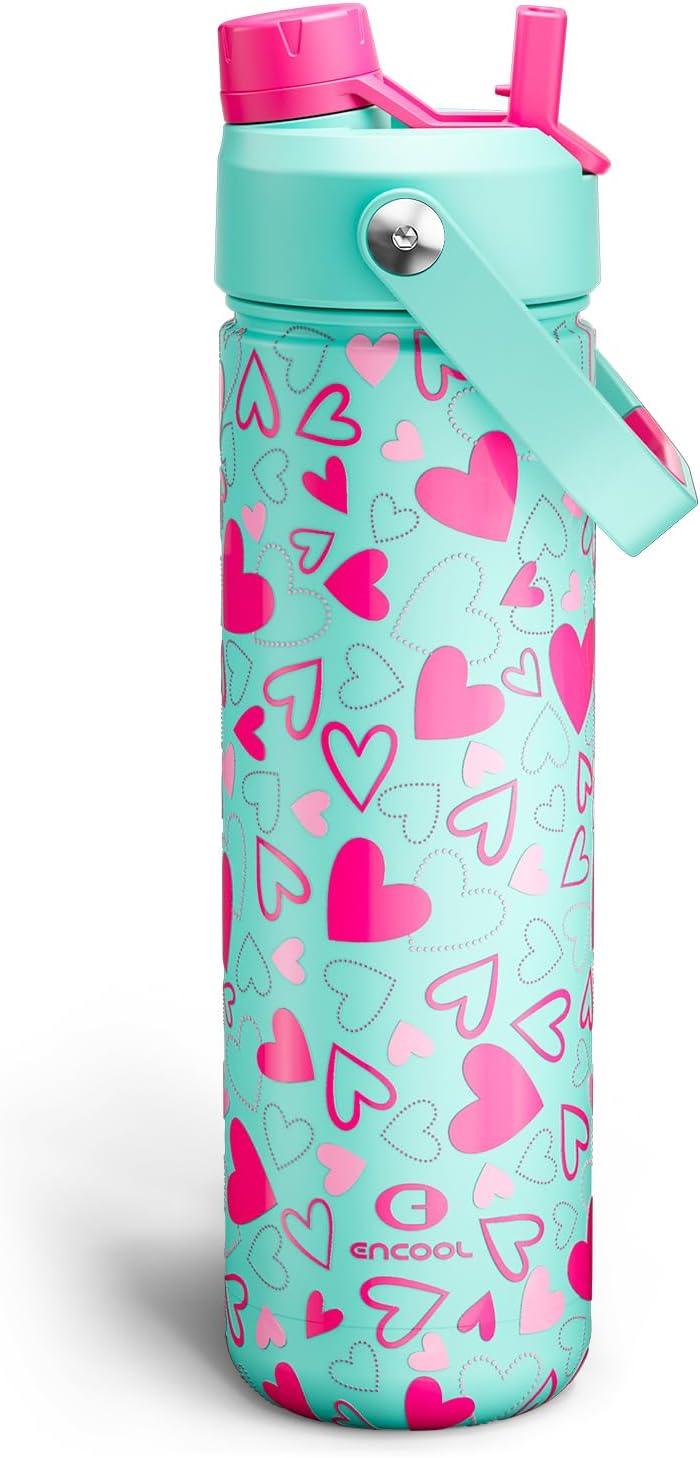 ENCOOL Insulated Water Bottle with Straw Stainless Steel Water Bottle, Leak-Proof, BPA-Free, Double Wall Vacuum Keeps Cold for 24 Hours for Sports, Travel, School (26 oz, Cotton Candy) - Colors B