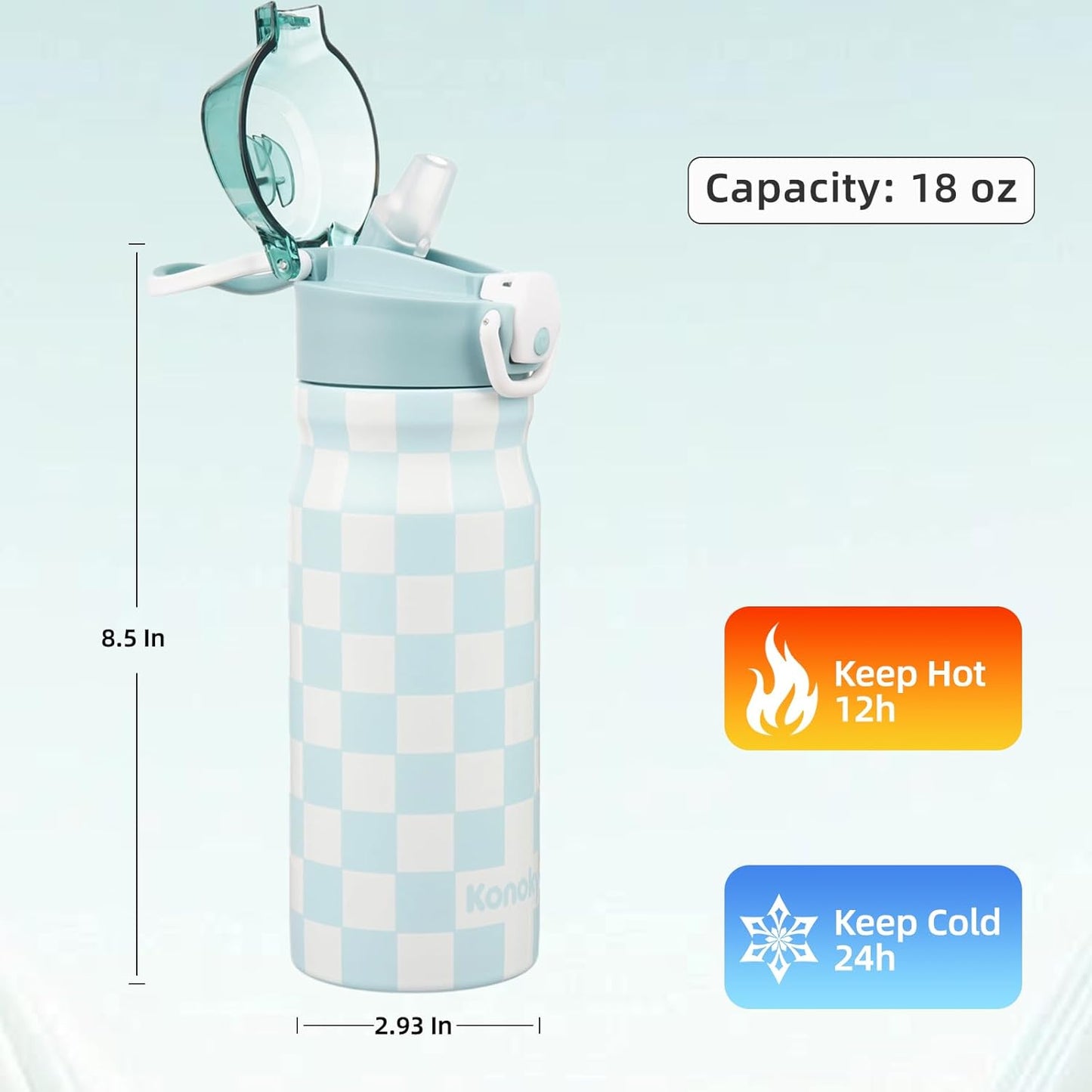 Konokyo 18 oz Insulated Water Bottle with Straw Lid, Stainless Steel Vacuum Sports Water Bottle, Leak-Proof Reusable Metal Flask with Carry Loop, BPA-Free Travel Bottle for Gym, School, Office