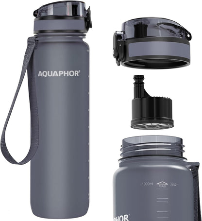 Nakii Filtered Water Bottle, Leakproof, BPA-Free, Motivational Markings, Travel, Everyday Use. 40-Gallon Filter, Replaces 300 Plastic Water Bottles. Includes 1 Filter, 22 FL Oz, Grey by Aquaphor