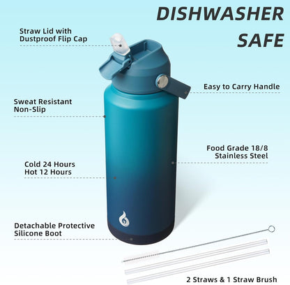 BJPKPK Insulated Water Bottle with Straw Lid, 18oz Thermo Water Bottles with Soft Nozzle, Flex Handle & Non-slip Boot, BPA Free Leak Proof Stainless Steel Metal Thermo, Tumblers, Cups,Sea Salt