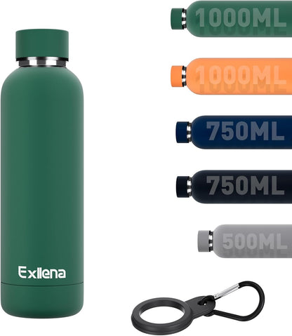 Exllena Slim Insulated Water Bottles for Travel 18oz with Clip, Double Wall Vacuum Stainless Steel Water Bottle Keeps Drinks Cold 24 Hrs/Hot 12 Hrs, 100% Leakproof, BPA Free(Black)