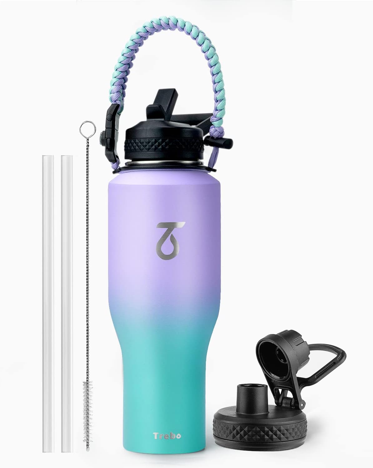 Trebo 40 oz Water Bottle Insulated Fit Car Cup Holder with Handle, Stainless Steel Water Bottles Tumbler with Spout Straw Lids, Double Wall Travel Reusable Flask, Leakproof Mug,Keep Cold &Hot,Black