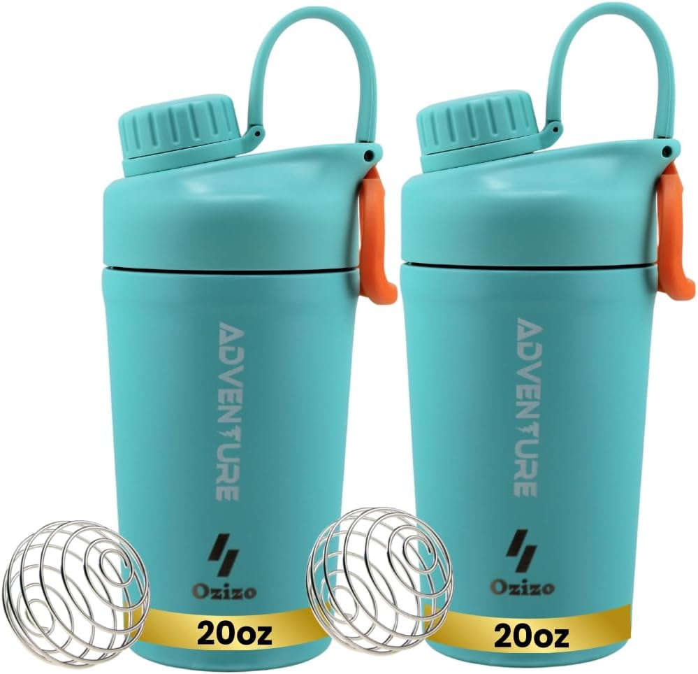 Ozizo 2 Pack Stainless Steel Insulated Protein Shaker Bottle, 20oz Leak Proof Shaker Cup with Wire Whisk Ball for Protein Mixes, Hot & Cold Drinks, Gym & Fitness (Blue + Blue)