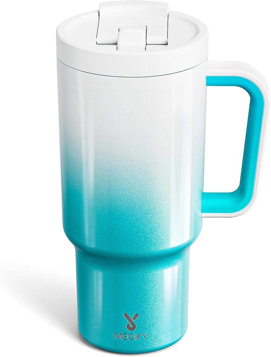 Meoky 32 oz Tumbler with Handle and Flip Straw, 100% Leakproof Tumbler with Lid and Straw, Stainless Steel Insulated Cup, Cupholder Friendly, Keeps Cold for 24 Hours (Night)