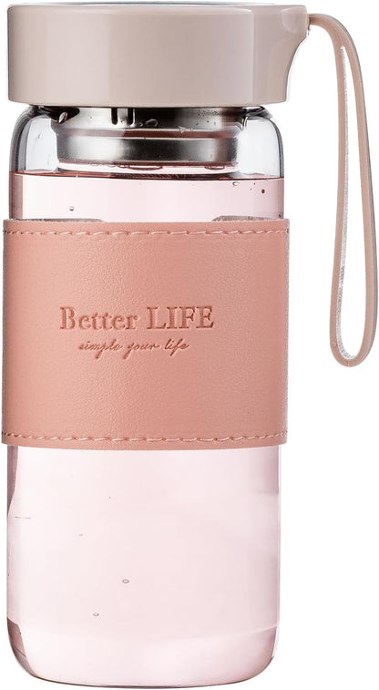 Glass Tea Bottle 16 oz Drinking Bottle with Non-Slip Holster, and Stainless Tea Infuser,Leak Proof Lid,Portable Glass Water Bottle for School, Office, Car & Home,as a gift, etc (Pink)