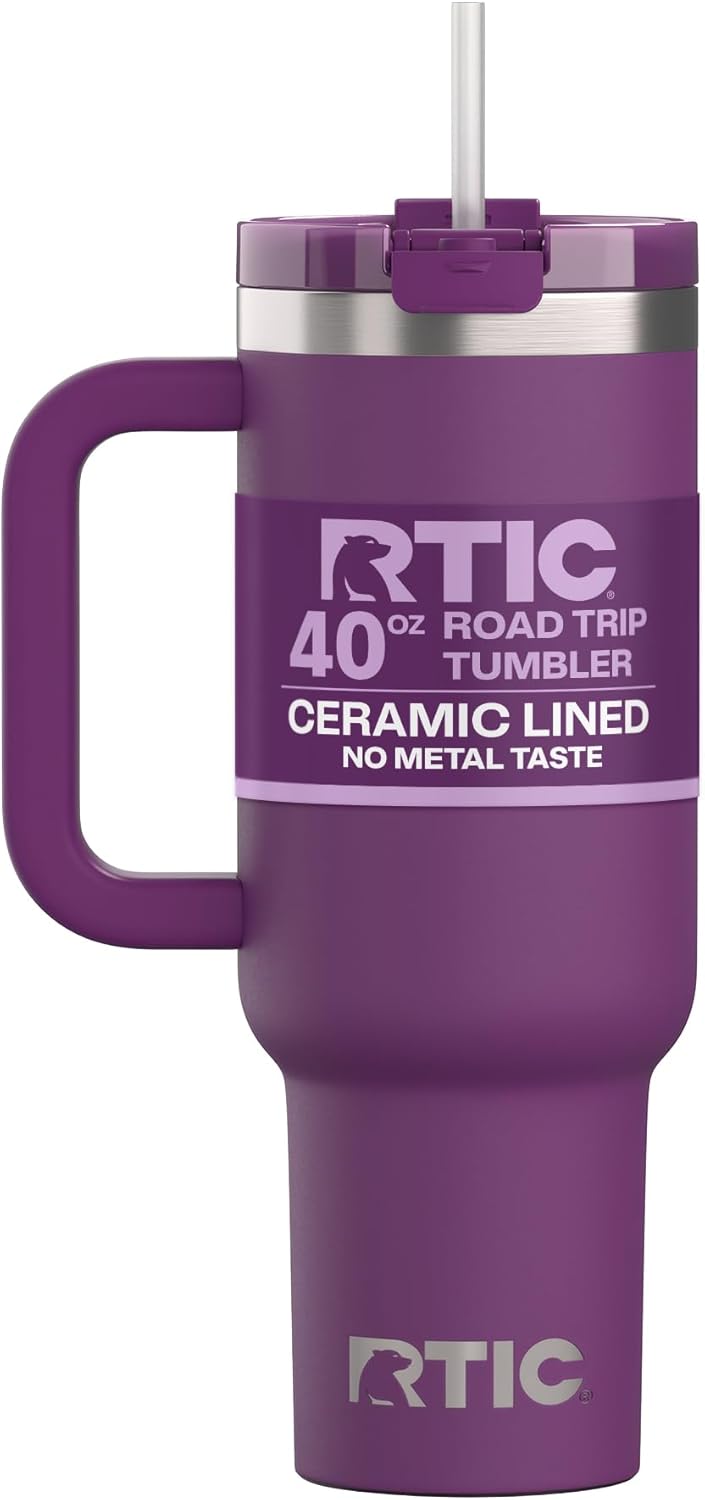 RTIC 30 oz Road Trip Tumbler Double-Walled Ceramic Lined InsulatedStainless Steel Portable Travel Coffee Mug Cup with Lid, Handle and Straw, Periwinkle Bouquet