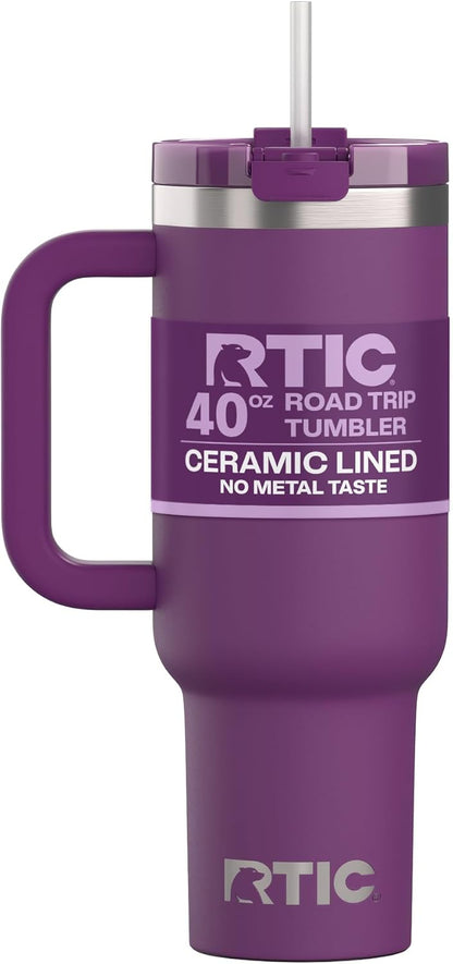 RTIC 30 oz Road Trip Tumbler Double-Walled Ceramic Lined InsulatedStainless Steel Portable Travel Coffee Mug Cup with Lid, Handle and Straw, Periwinkle Bouquet