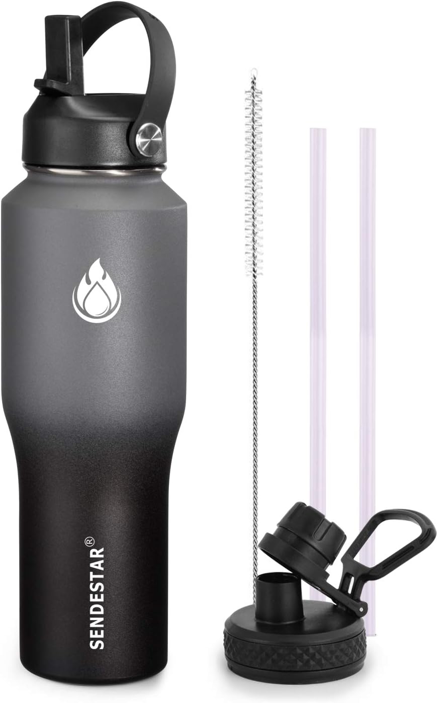 SENDESTAR 40oz Water Bottle Wide Mouth Stainless Steel Vacuum Insulated Double Wall with Straw Lids Fit in Any Car Cup Holder