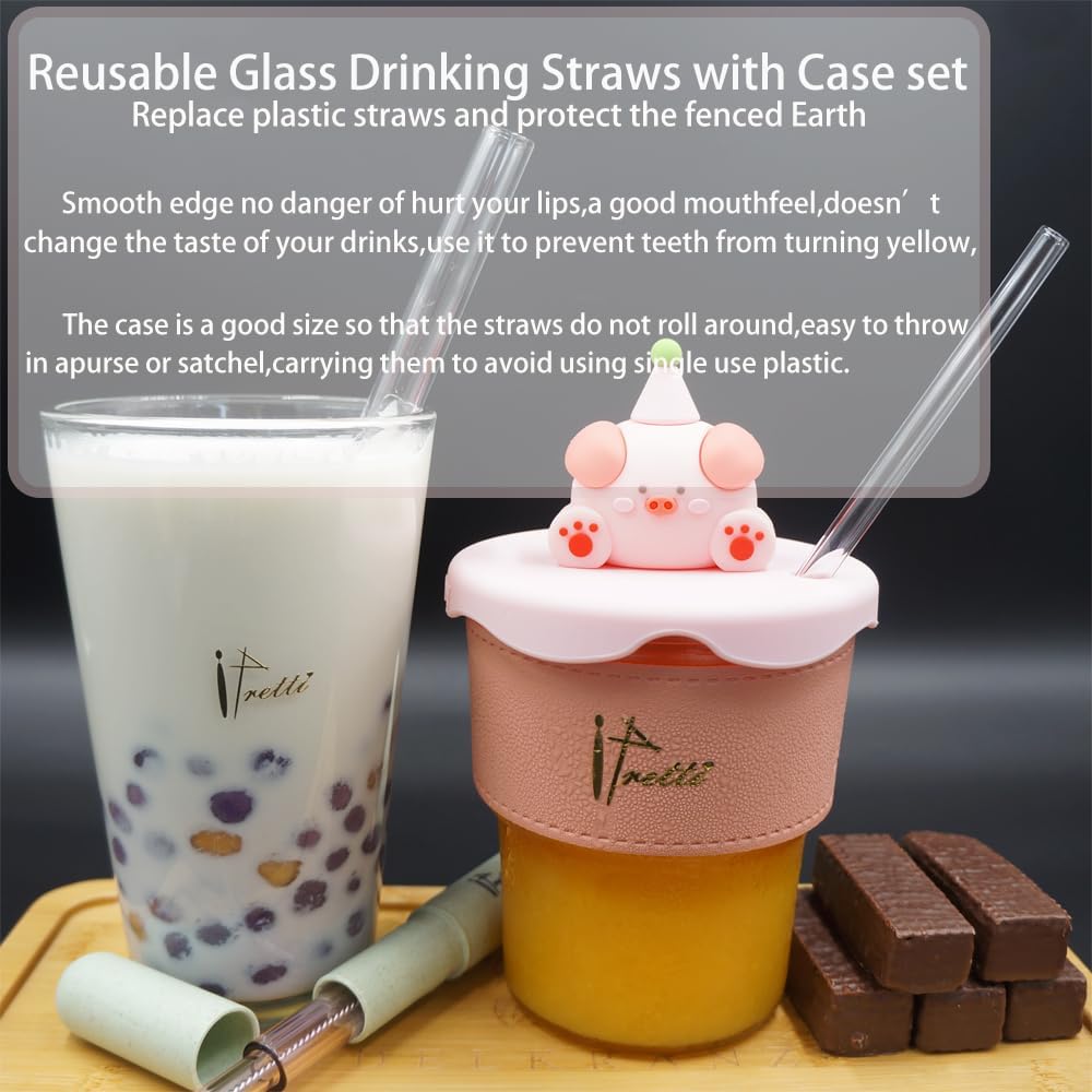 Reusable Glass Drinking Boba Straws Set with Portable Travel Case,Cleaning Brush,7mmx8.27” and 12mmx8.27”,Perfect for Smoothies,Milkshakes,Juice,Coffee,Bubble Tea,Sparking Water