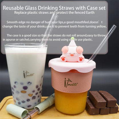 Reusable Glass Drinking Boba Straws Set with Portable Travel Case,Cleaning Brush,7mmx8.27” and 12mmx8.27”,Perfect for Smoothies,Milkshakes,Juice,Coffee,Bubble Tea,Sparking Water