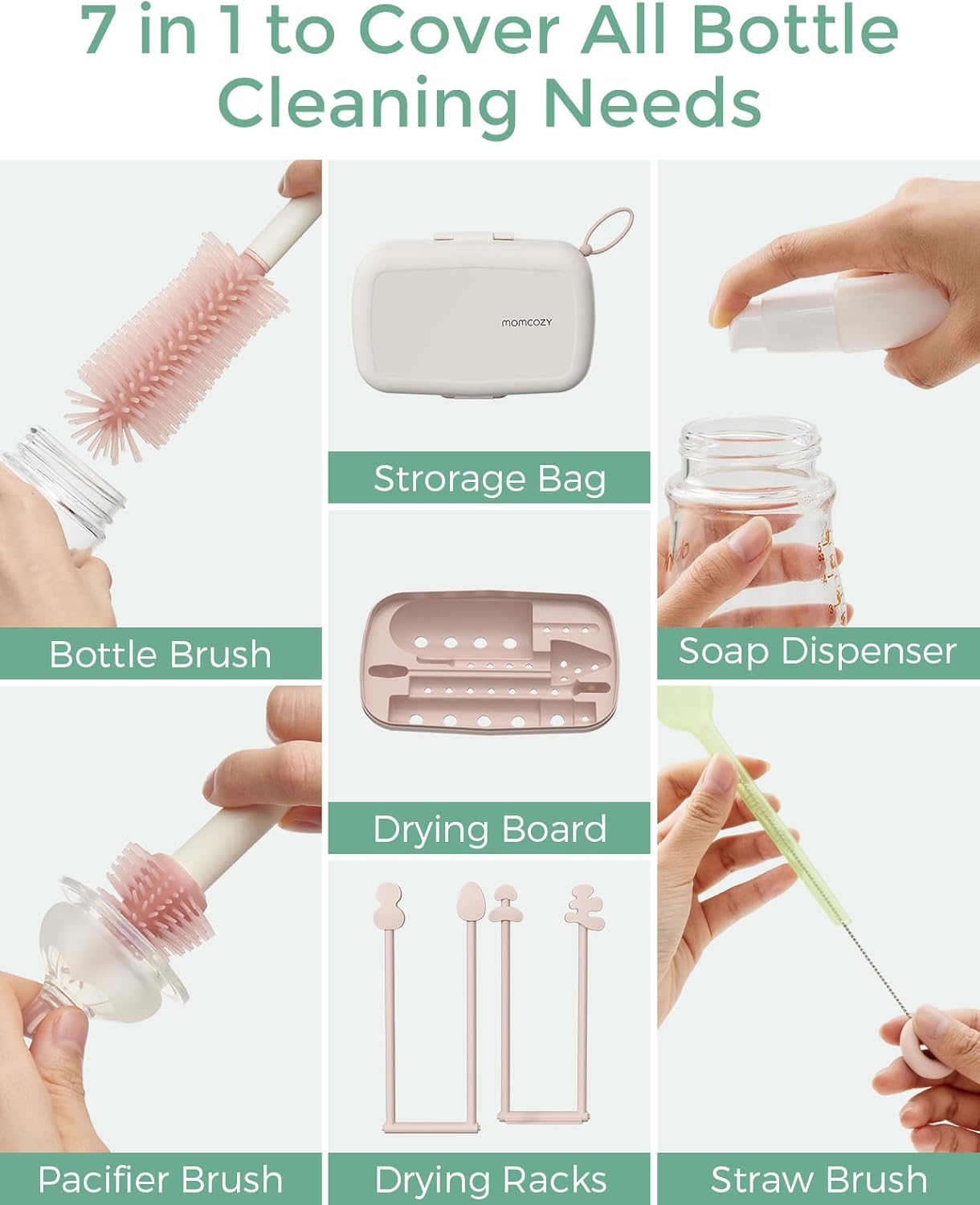 Momcozy Bottle Brush Kit with Push-Press Foam Design - Newborn Essentials Gift, Portable Cleaning Tool for Home & Travel, Baby Bottle Cleaner Brush for Breast Pumps & Nipples, Green