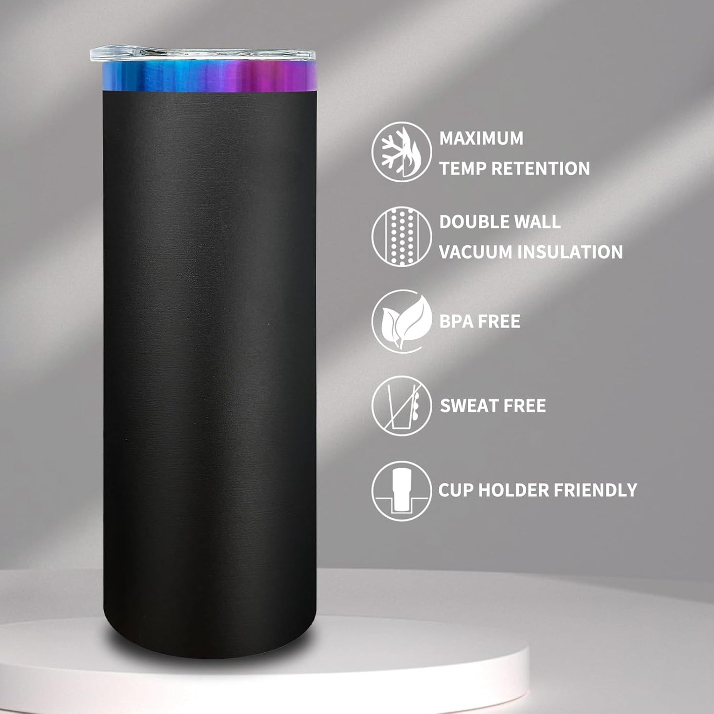 20 oz Skinny Tumblers Bulk, Stainless Steel Insulated Tumbler with Lids and Straws, Slim Double Wall Powder Coated Travel Coffee Mugs Reusable Cup for Hot Cold Drinks (Black,1 pack)