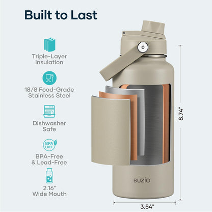 BUZIO 40oz Insulated Water Bottle, Triple Wall Vacuum Stainless Steel Water Flask with 2 lids, Lead-Free BPA-Free Straw Lid Sports Canteen Jug, Cold 48H & Hot 24H- Black - Colors A