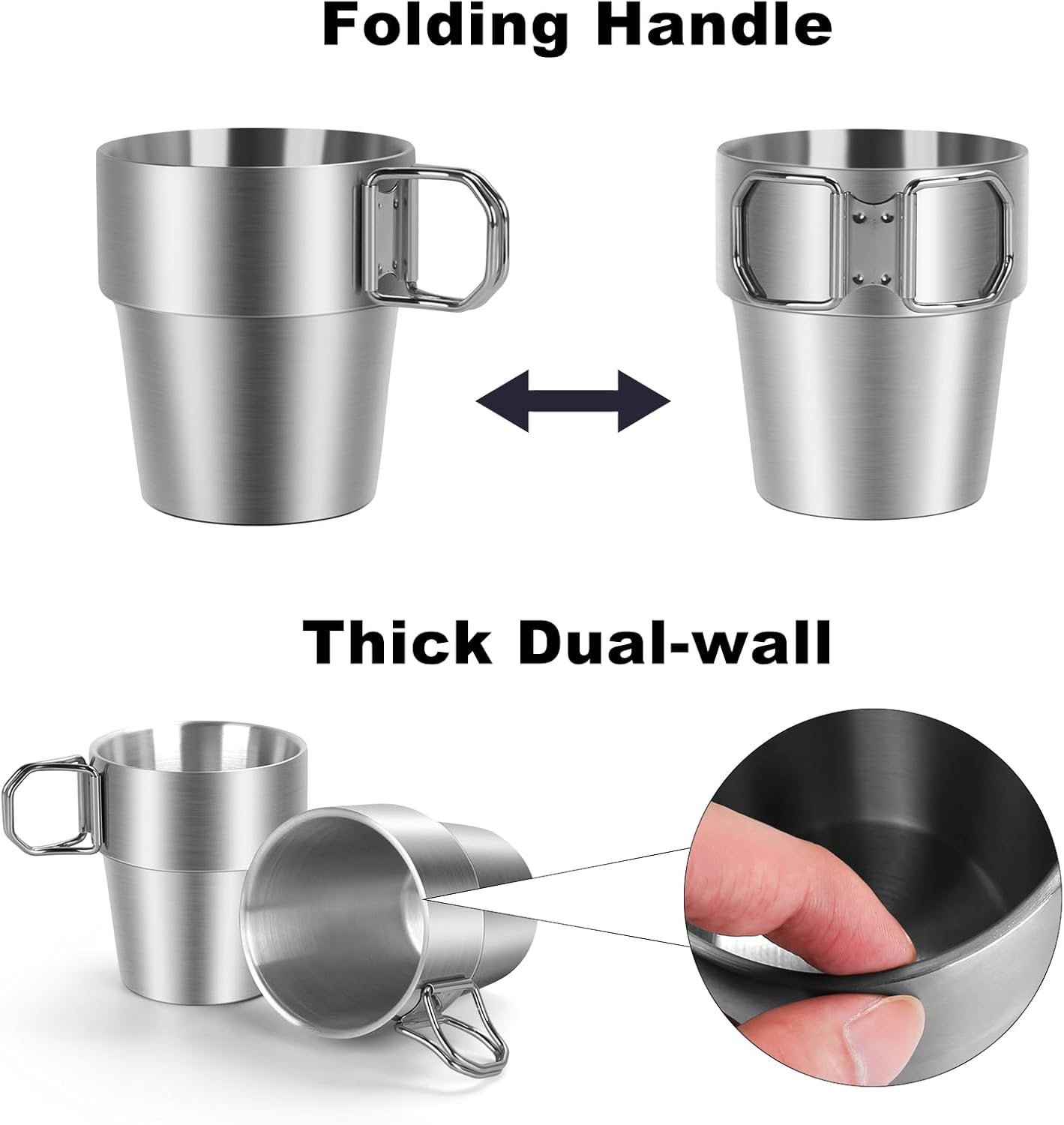 4-Pack Stainless Steel Camping Cups with Foldable Handle, 10 oz Camping Coffee Mugs with Double Wall Design, Ideal for Outdoor Activities, Travel, and Home Use