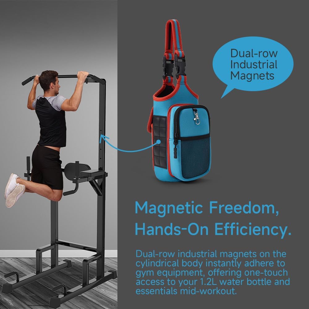 VAKAER Magnetic Gym Bag, Water Bottle Carrier Holder with Phone Pocket & Adjustable Strap,10 Ultra-Strong Magnets Stick to Fitness equipment, Workout Accessories Pouch for Women & Men